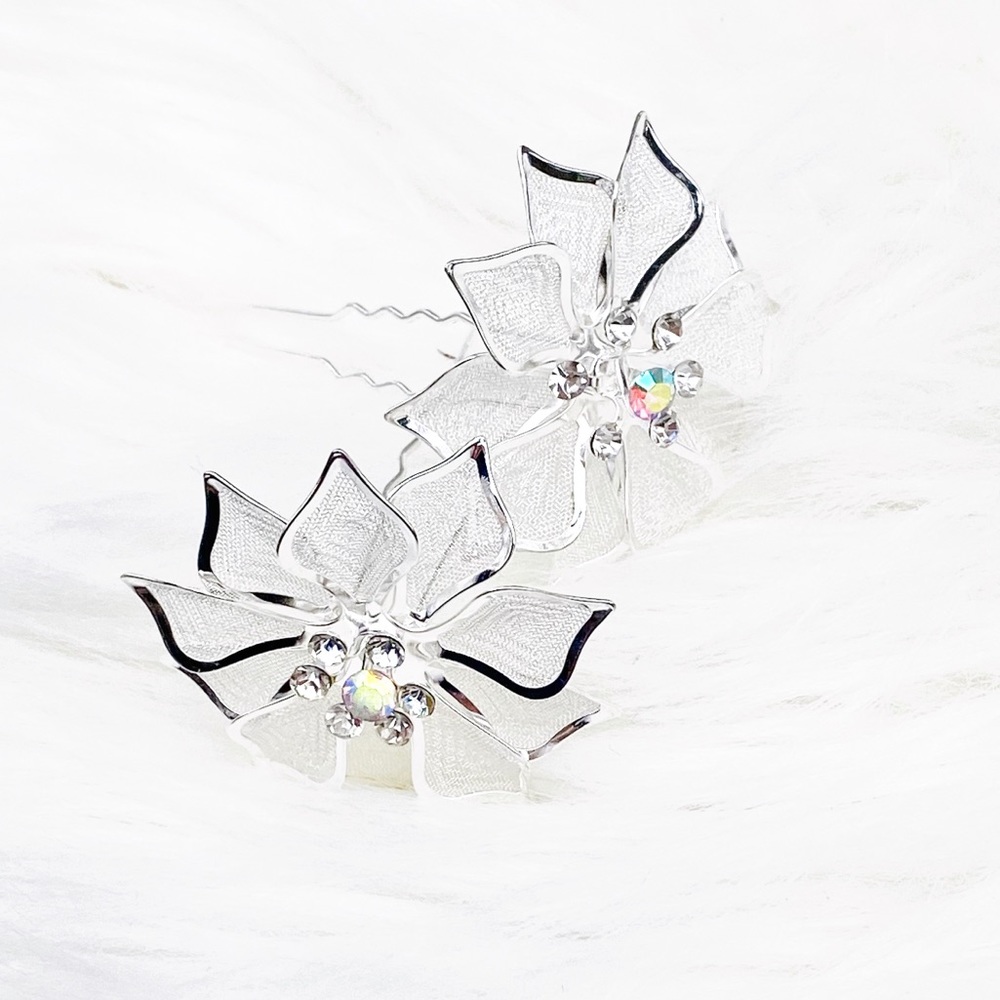 Delicate Floral Crystal Mesh Hair Pins  Set of 2